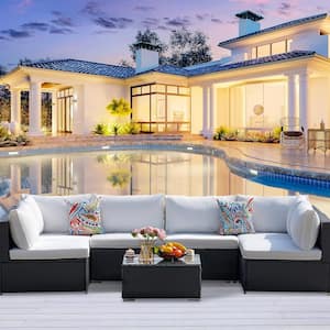 Modern & Comfortable 7-Piece Metal Wicker Outdoor Sectional Set with Off White Cushions