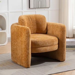 Mid-Century Modern Pumpkin Orange Linen Overstuffed Armchair Barrel Accent Chair for Living Room, Guest Room, Office