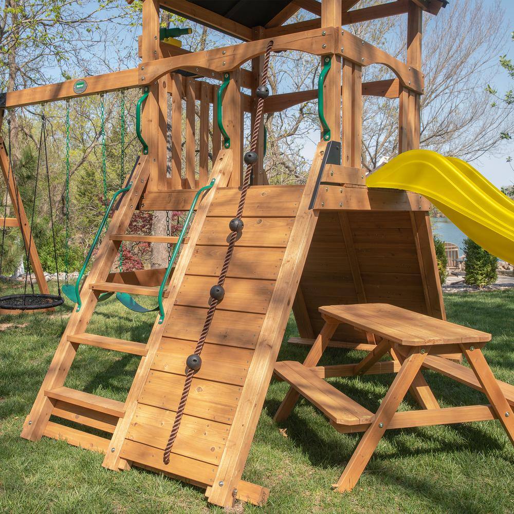 Endeavor II Cedar Wood Swing Set with Yellow Slide and Picnic Table