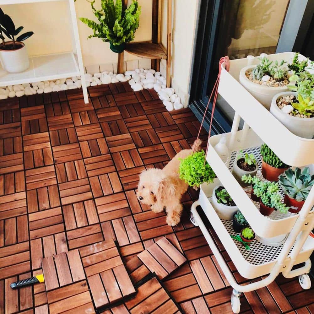 12" x 12" Brown Acacia Wood Interlocking Deck Tiles