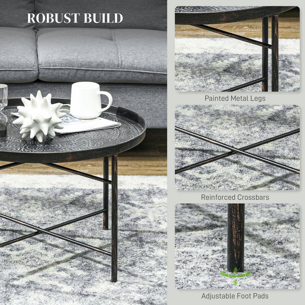 Pewter Round Metal Coffee Table with Hammered Tray Top