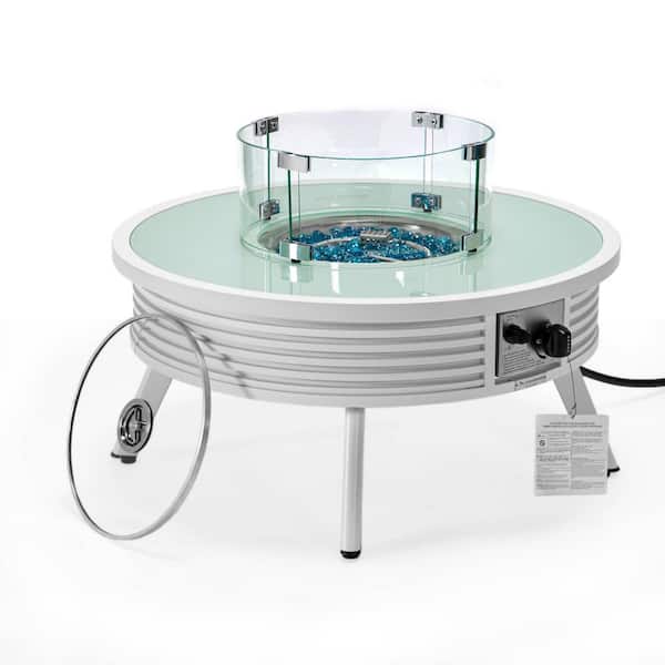 Leisuremod Walbrooke Modern White Patio Round Fire Pit Table with Aluminum Slats Frame