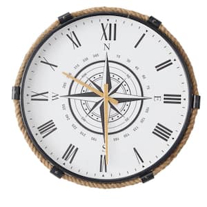Brown Stainless Steel Compass Analog Wall Clock with Rope Accents