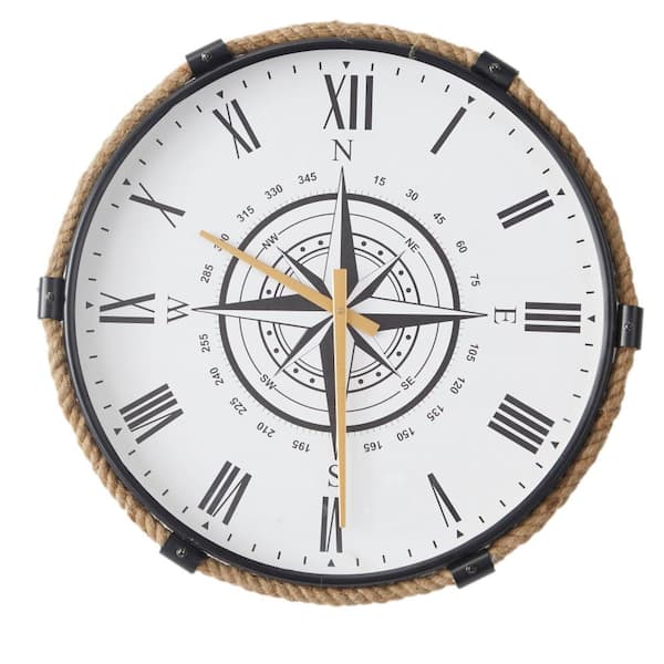 Litton Lane 20 in. x 19 in. Brown Stainless Steel Metal Compass Wall Clock with Rope Accents
