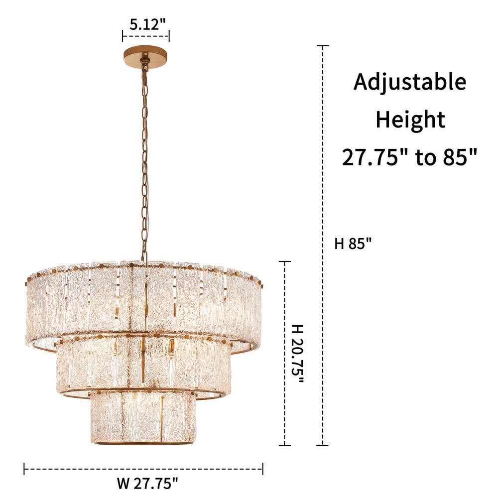 Distressed Gold 8-Light 3-Tiered Glass Drum Chandelier