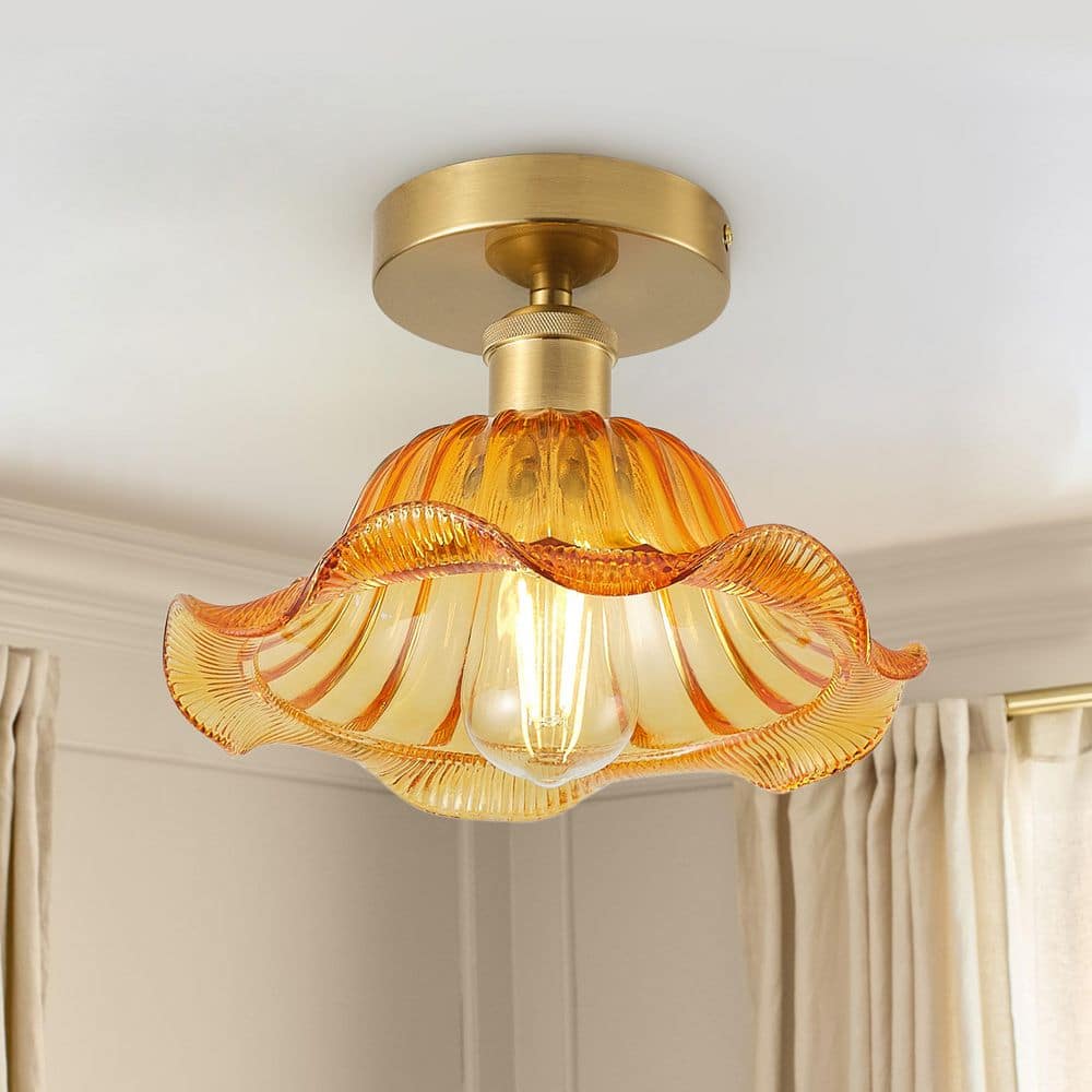 9.84 in. 1-Light Vintage Flower Round Brushed Brass Semi-Flush Mount for Foyer with Amber Glass Shade price history on PriceWatchPro