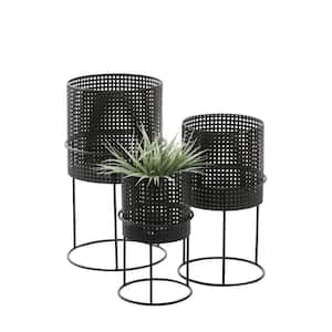 23 in., 19 in., and 15 in. Large Black Metal Indoor Outdoor Woven Planter with Removeable Stands (3- Pack)