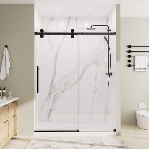 56-60 in. W x 80 in. H Frameless Single Sliding Shower Door with 3/8 in. Thick Clear Glass in Matte Black