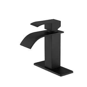 Single Handle Waterfall Single Hole Bathroom Faucet with Deckplate Stainless Steel Bathroom Basin Taps in Matte Black