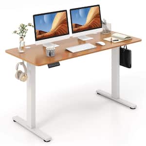 55 in. rectangular Natural Wood Electric Standing Desk with 3 Memory Height Settings 2 Hanging Hooks