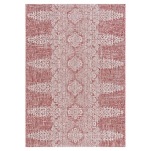 Courtyard Rust/Gray 7 ft. x 10 ft. Distressed Geometric Floral Indoor/Outdoor Area Rug