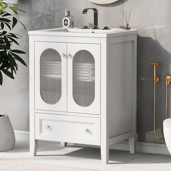 EPOWP 24 in. W x 18.3 in. D x 33.9 in. H Single Sink Freestanding Bath Vanity in White with White Ceramic Top and Storage