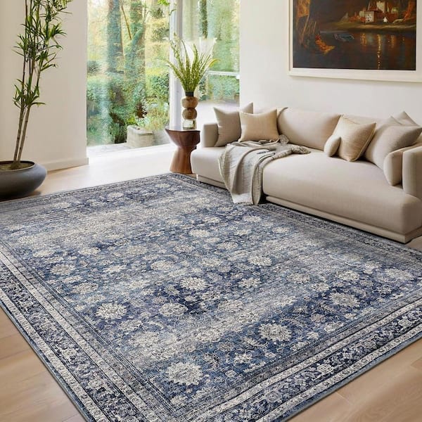 9 ft. x 12 ft. Blue Large Size Interior Decoration Distressed Floral Ultra-thin Foldable for bedroom kitchen Area Rug