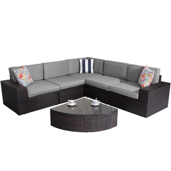 maocao hoom 6-Piece Black Wicker Patio Conversation Set with Gray Cushions
