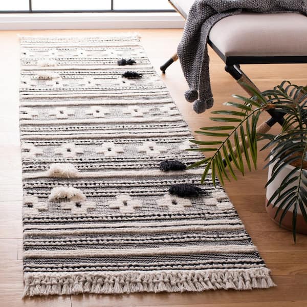 Natura 2 ft. x 8 ft. Black/Ivory Geometric Striped Runner Rug