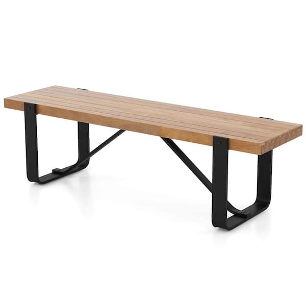 Costway Natural Dining Bench with Metal Frame Farmhouse Wooden Shoe Rack 60 in .