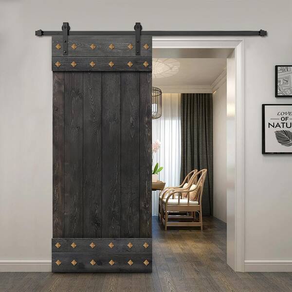 Clavos Series 36 in. x 84 in. Brown Stained Solid Pine Wood Interior Sliding Barn Door with Sliding Door Hardware Kit