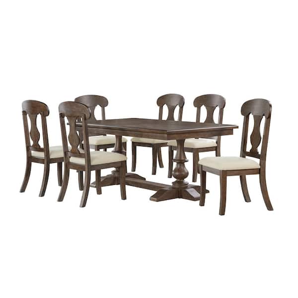 Hector 7-Piece Rectangle Rustic Oak Wood Top And Linen Fabric Table Set Seats 6