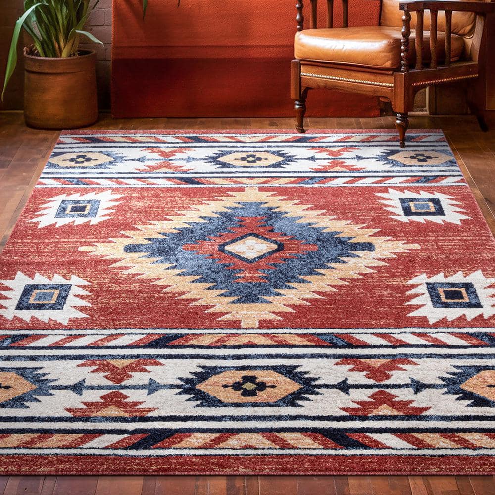 Crimson and Beige Synthetic Southwest Print Rectangular Area Rug