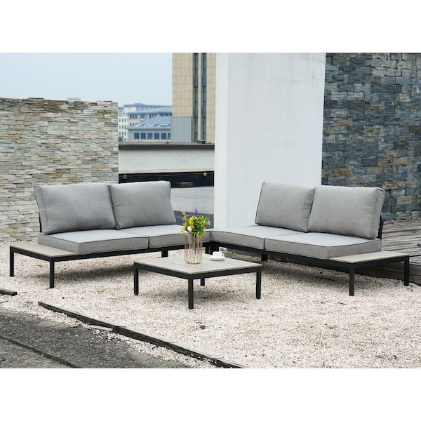 4-Piece Aluminum Outdoor Sectional Sofa Set Conversation Set with Cushion and Built-in Side Table