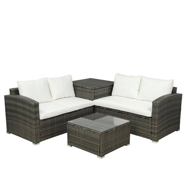 Sireck Brown 4-Piece Wicker Outdoor Sectional Set with Beige Cushions ...