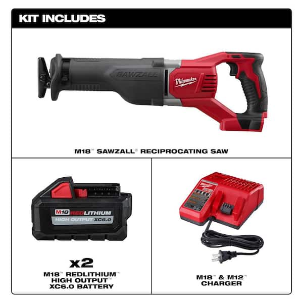 M18 18V Lithium-Ion Cordless SAWZALL Reciprocating Saw w/ Two 6.0 Ah Battery and Charger