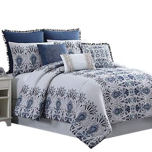 Constanta 8- Piece Blue and White Floral Microfiber Queen Comforter Set