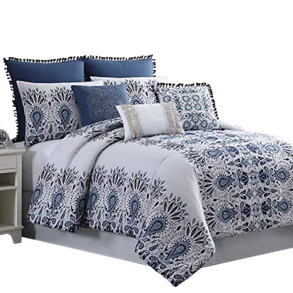 THE URBAN PORT Constanta 8- Piece Blue and White Floral Microfiber Queen Comforter Set