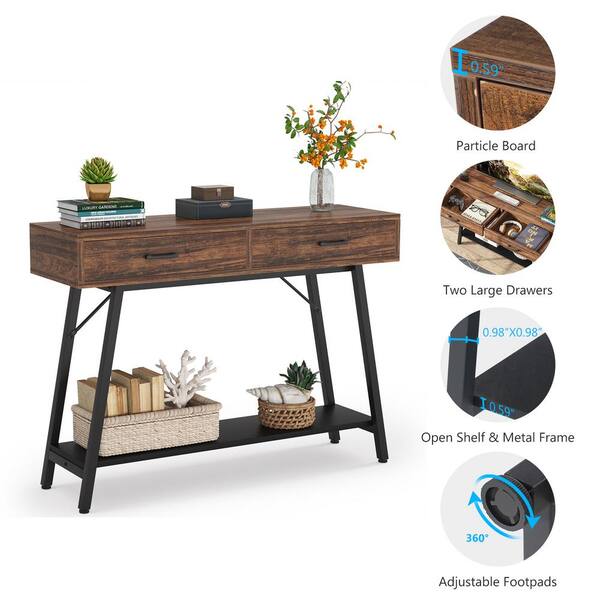 Tribesigns Catalin 43 3 In Vintage Brown Wood Console Table With Drawers Industrial Sofa Tables Narrow Long Behind Couch Ct Jw0178 The Home Depot Vintage Brown Wood Console Table, Industrial Sofa Table With Drawers