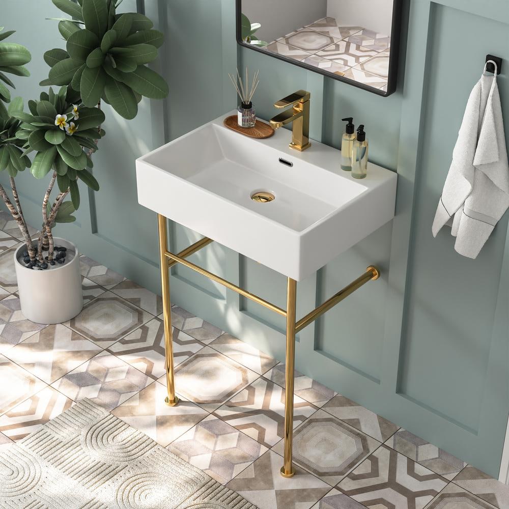 White Ceramic Rectangular Console Sink with Gold Legs