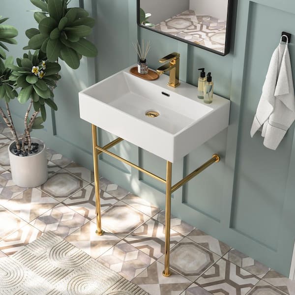 DEERVALLEY Standard 24 in. L White Rectangular Ceramic Console Sink with Overflow and Brushed Golden Legs