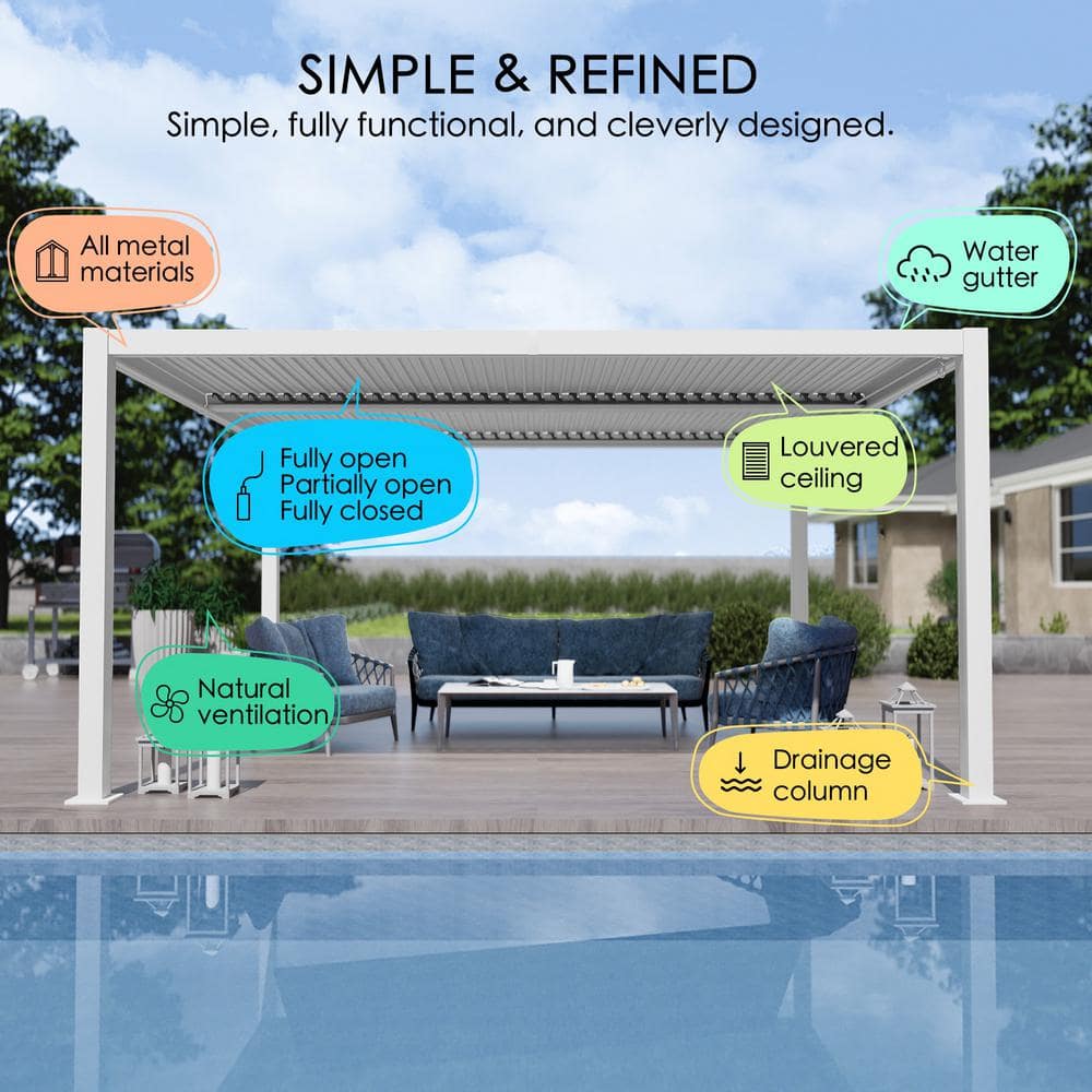 White Aluminum 10'x12' Outdoor Louvered Pergola with Adjustable Roof