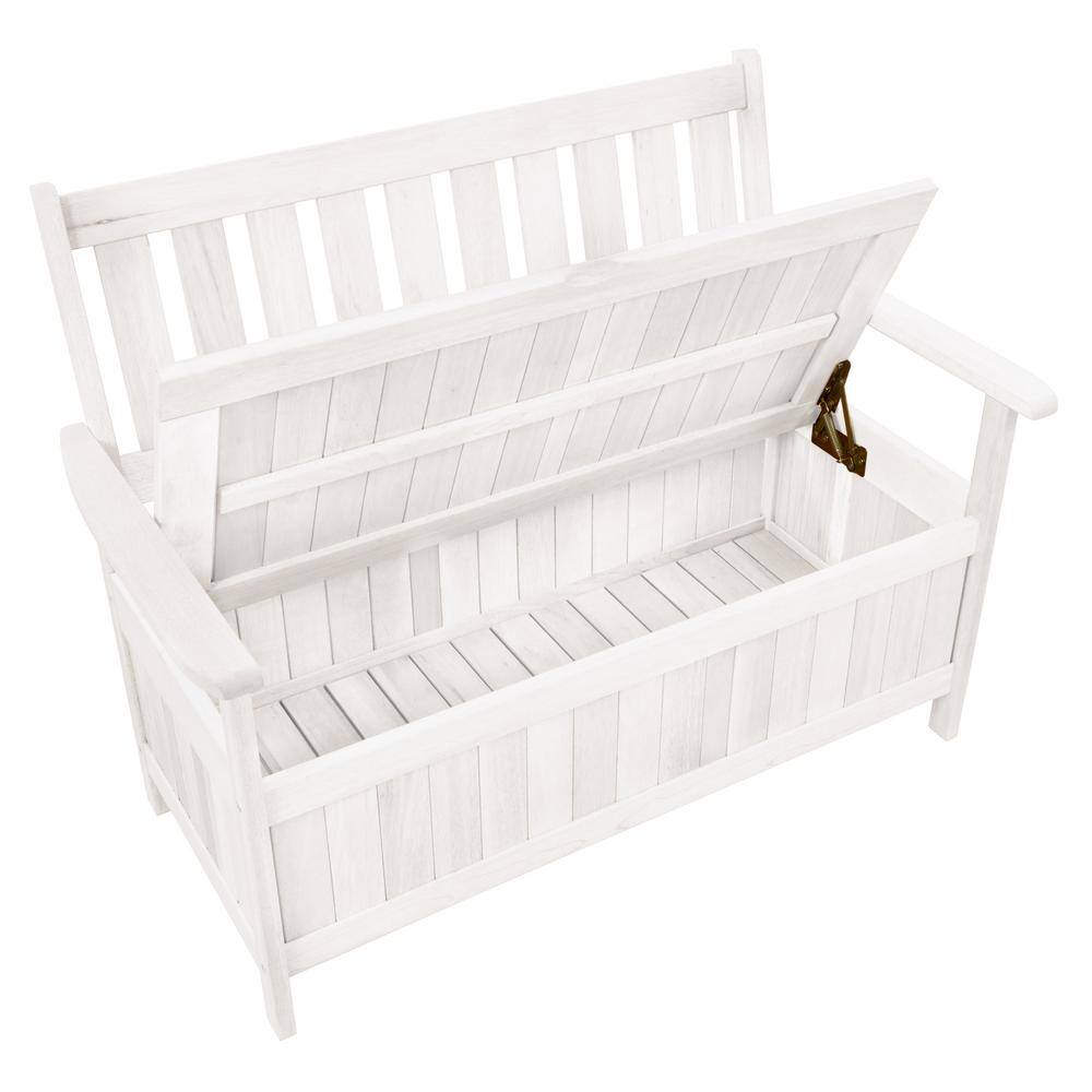 Whitewashed Shorea Wood Outdoor Storage Bench with Slatted Back