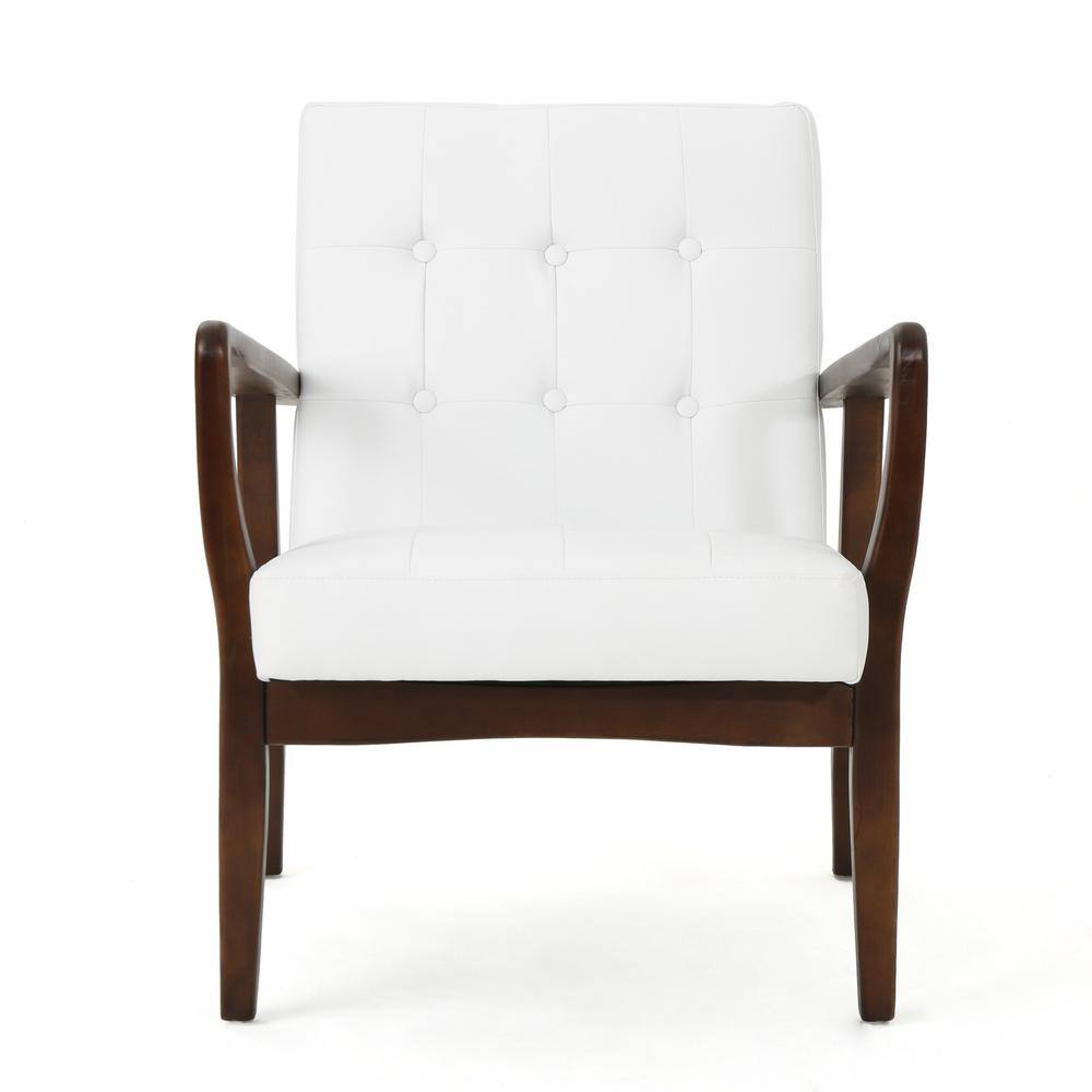 White Leather Mid Century Modern Accent Chair with Birch Legs