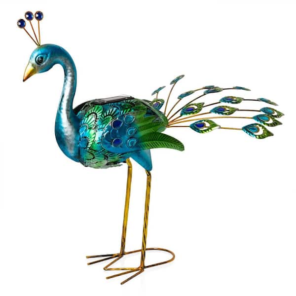 Alpine Corporation 19 in. Alpine Corporation Solar-Powered Peacock Garden Decor with Cool White LED Lights