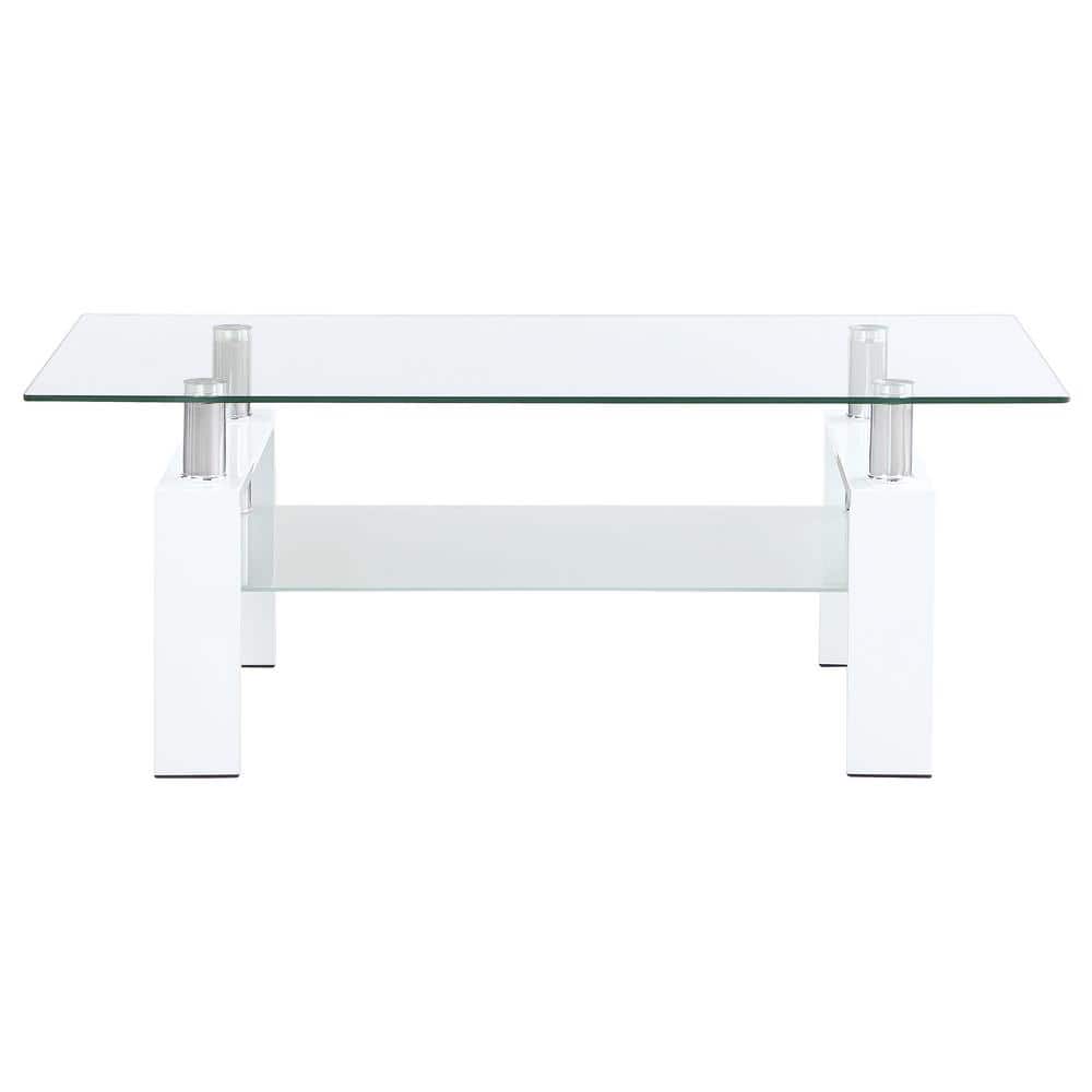 Contemporary Rectangular Glass Coffee Table with White Metal Frame and Shelf