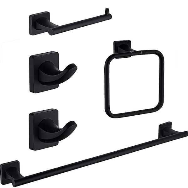 5-Piece Wall-Mount Bath Hardware Set with 24 in. Towel Bart TP Holder Towel Ring 2 Towel Hooks in Matte Black
