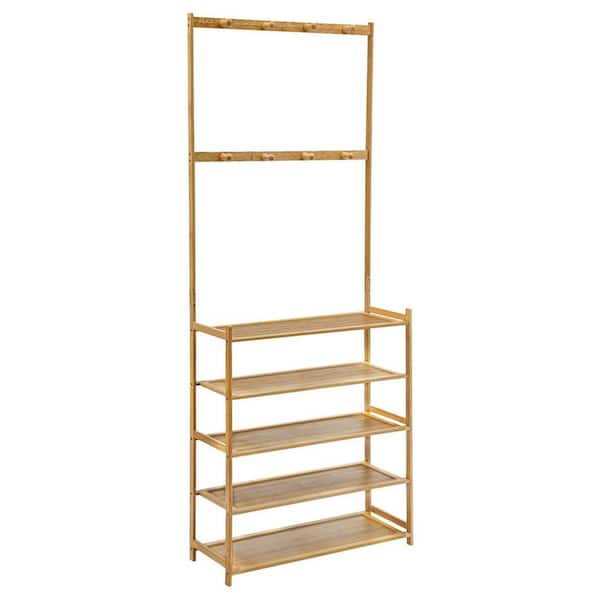 66.93 in. H 15-Pair Multifunctional Wood Shoe Rack with 8 Hooks