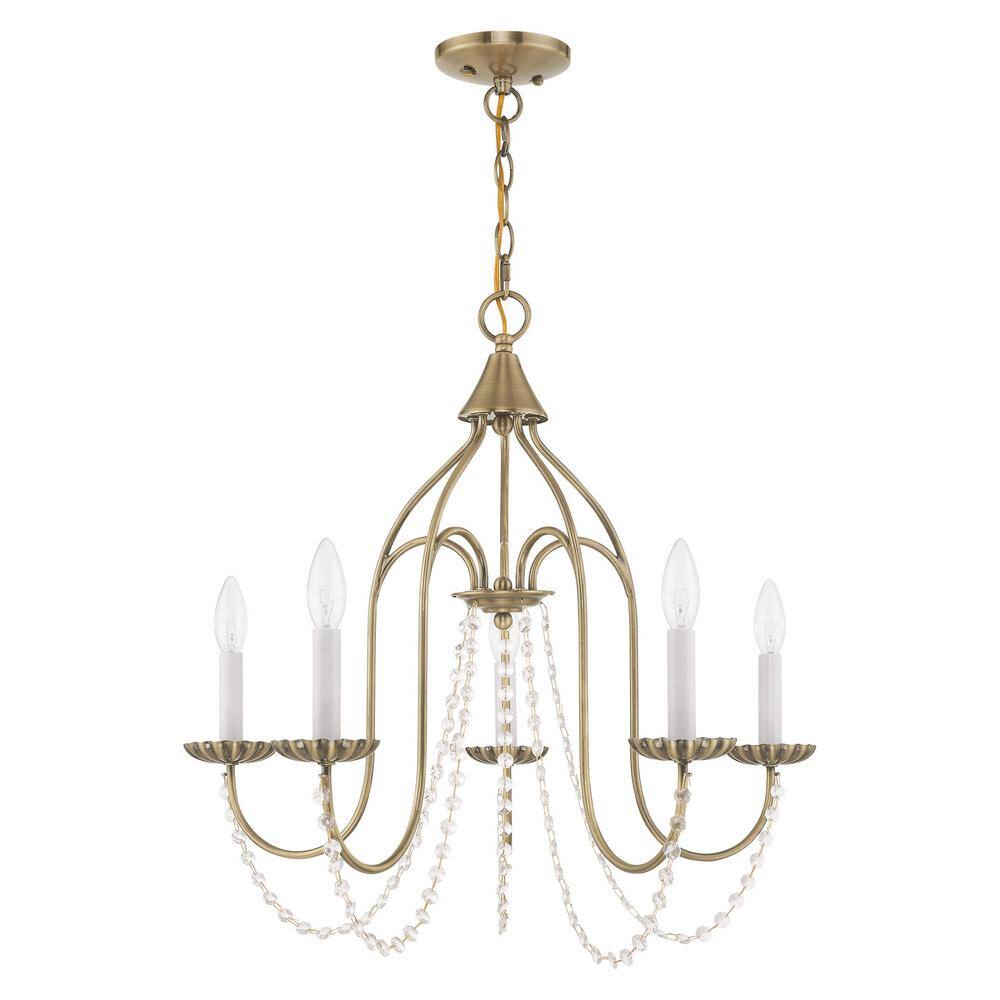Antique Brass Mini 5-Light Crystal Candle Chandelier