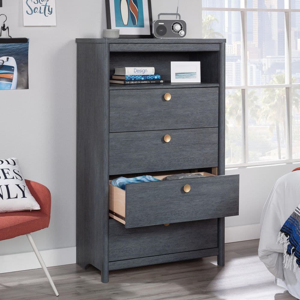 Denim Oak Vertical 4-Drawer Chest with Open Shelf