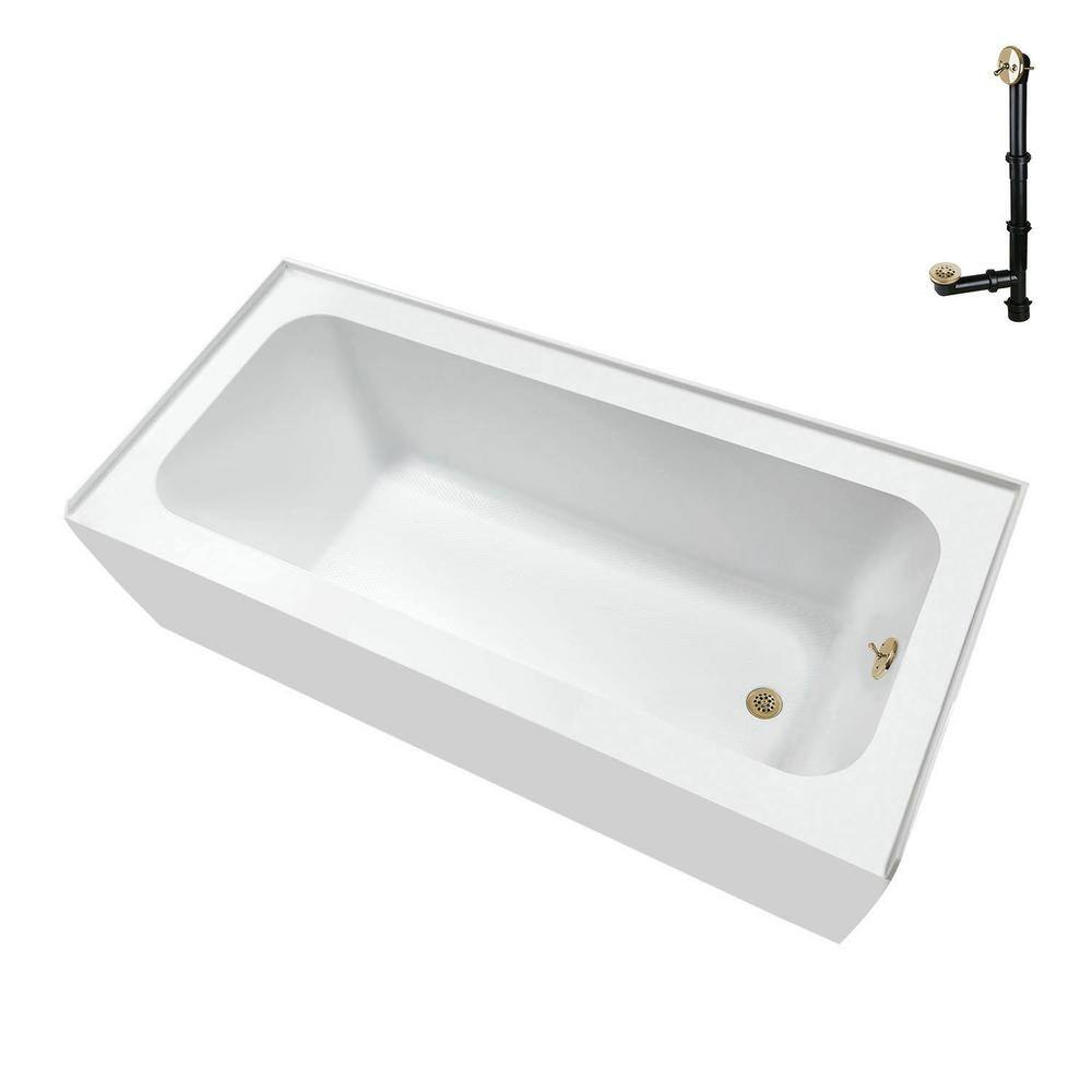 Glossy White Acrylic Rectangular Alcove Bathtub with Polished Brass Drain