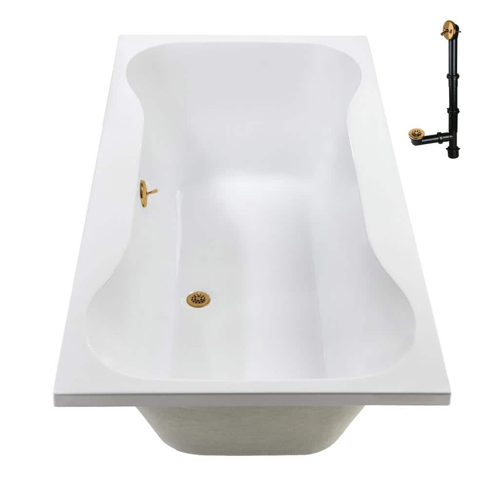 72'' Glossy White Acrylic Soaking Drop-In Bathtub with Brushed Gold Hardware