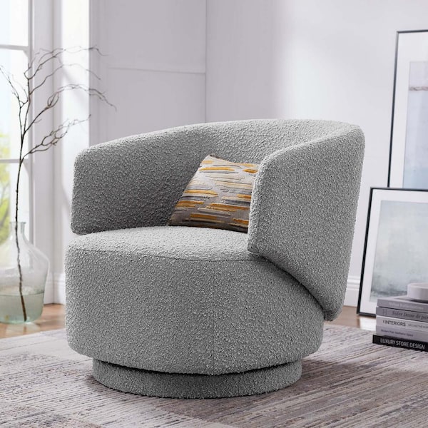 MODWAY Celestia Boucle Fabric Fabric and Wood Swivel Chair in Light Gray