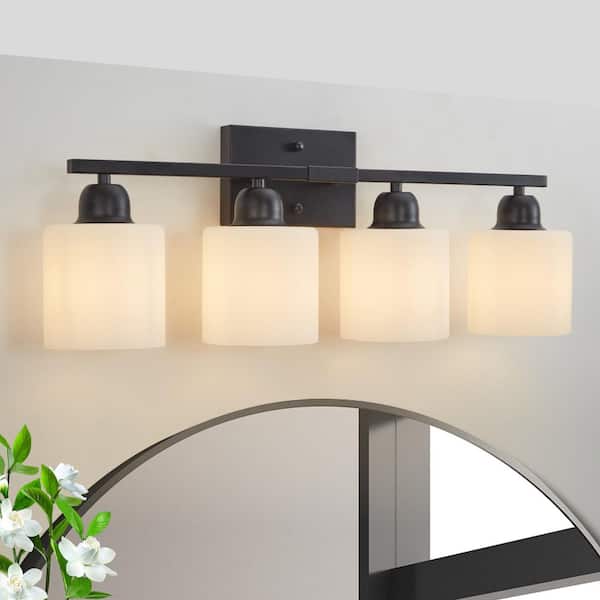 25 in. 4-Light Black Bathroom Vanity Light Fixture with Milky White Frosted Glass Shades, no bulbs included