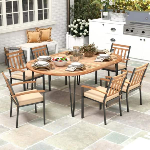 79 in. Oval Acacia Wood Outdoor Dining Table for 8 with 2" Umbrella Hole and Metal Legs for Patio or Deck