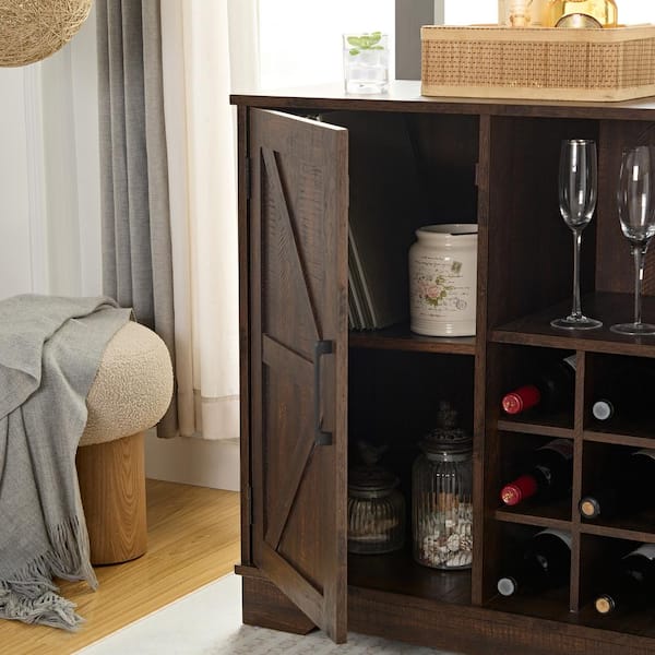 FUNKOL 31.5in x 15.75in x 31.5in Espresso MDF Ready to Assemble Kitchen Cabinet with 1 Barn Wood Cabinet Door and 9 Wine Racks