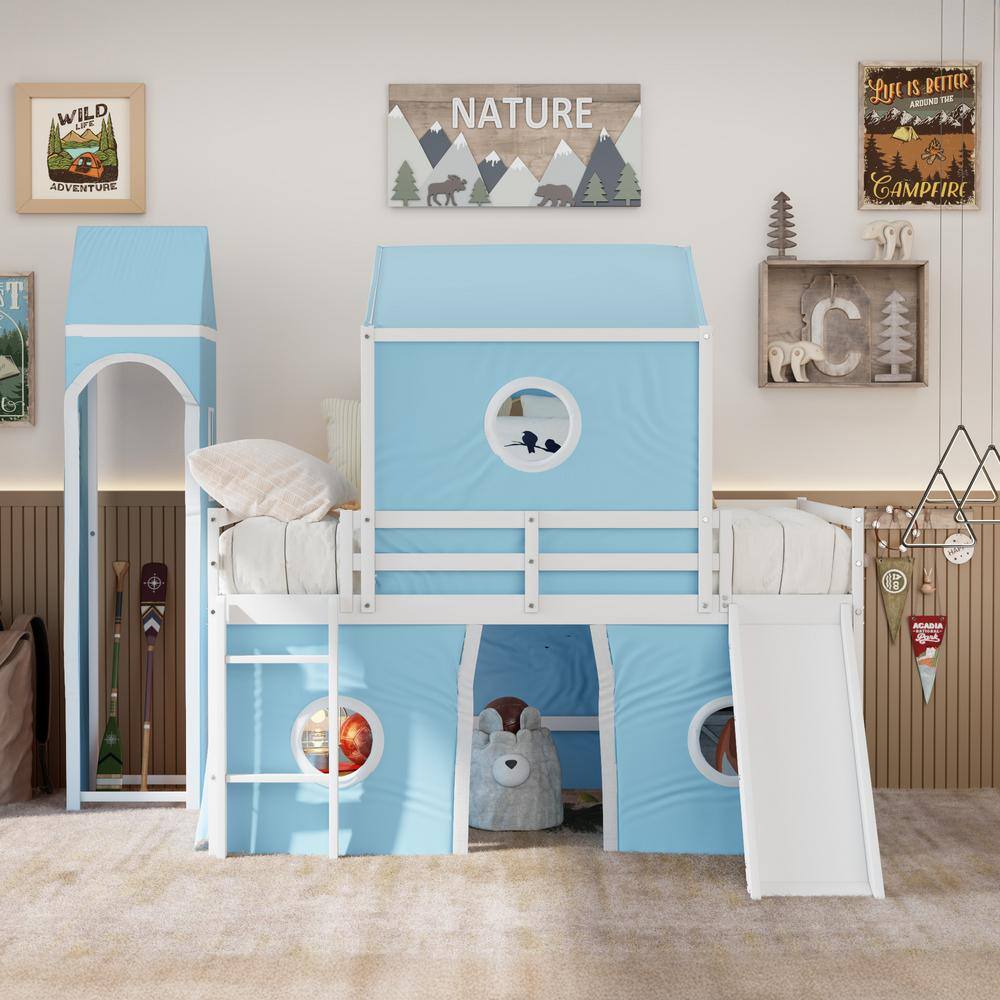 Blue Full Size Wood Loft Bed with Slide, Tent, Tower and Ladder