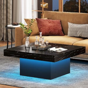 Allan 35.43 in. Black Square Faux Marble Coffee Table, Low Coffee Table with Adjustable LED Light for Living Room