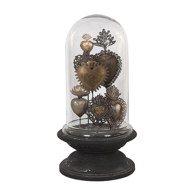 Storied Home 7.5 in. x 15 in. Wood Pedestal/Glass Cloche with Decorative Tin Sacred Hearts