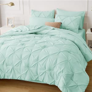 King Size Comforter Set 7 Pieces, Pintuck Bed in a Bag with Comforter, Bed Sheet, Pillowcases and Shams, Mint Green
